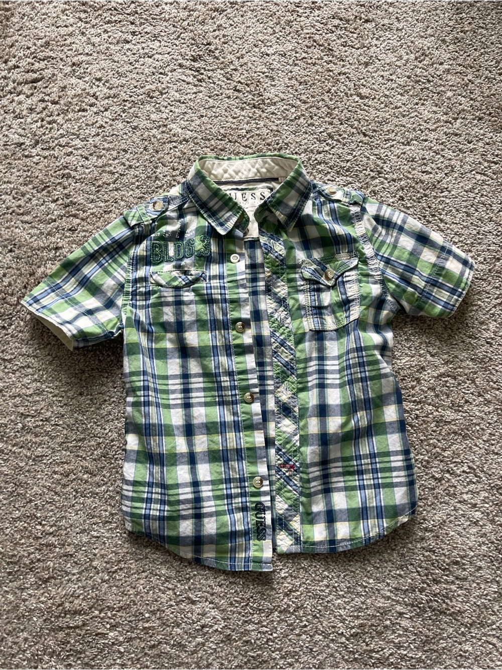 Guess Boys Plaid Button Down Green & Blue Size 5/6